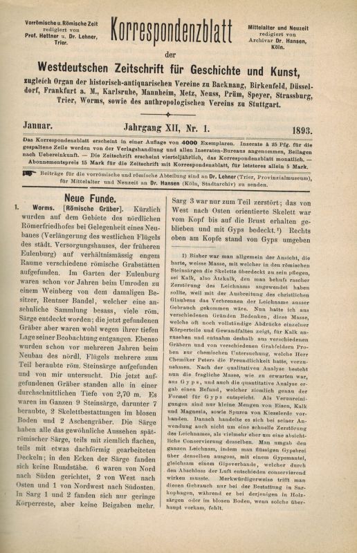 Hettner,F. und K.Lamprecht  Korrespondenzblatt der Westdeutschen Zeitschrift für Geschichte und 