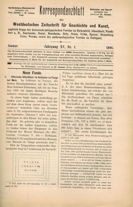 Hettner,F. und K.Lamprecht  Korrespondenzblatt der Westdeutschen Zeitschrift für Geschichte und 