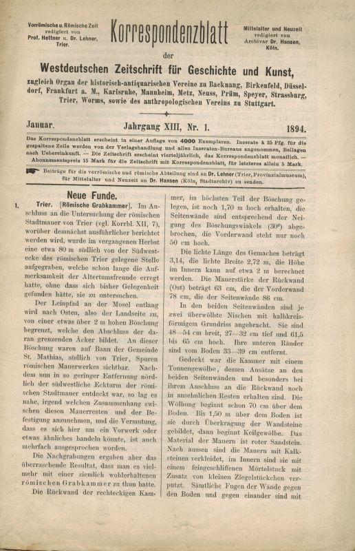 Hettner,F. und K.Lamprecht  Korrespondenzblatt der Westdeutschen Zeitschrift für Geschichte und 