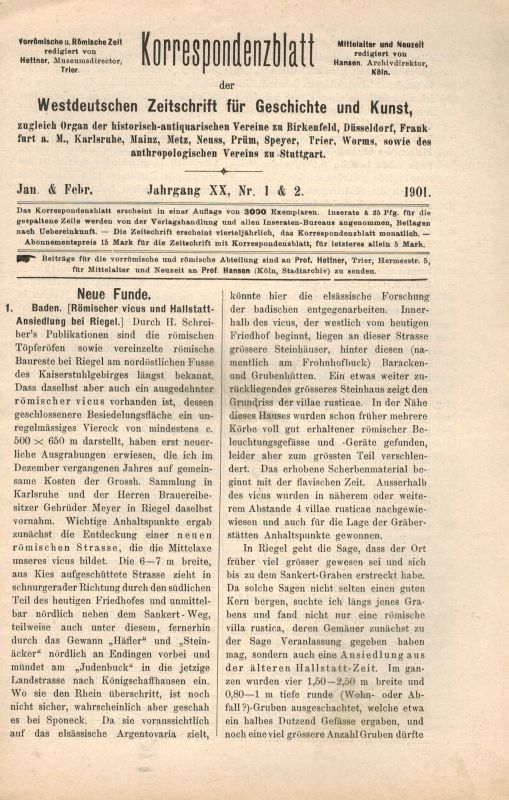 Hettner,F. und Hansen  Korrespondenzblatt der Westdeutschen Zeitschrift für Geschichte und 