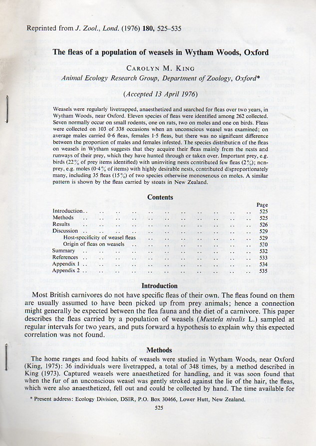 King,Carolyn M.  The fleas of a population of weasels in Wytham Woods, Oxford 