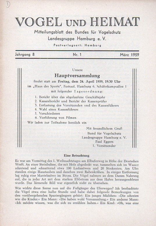Vogel und Heimat  Vogel und Heimat 8.Jahrgang 1959 Nr. 1 