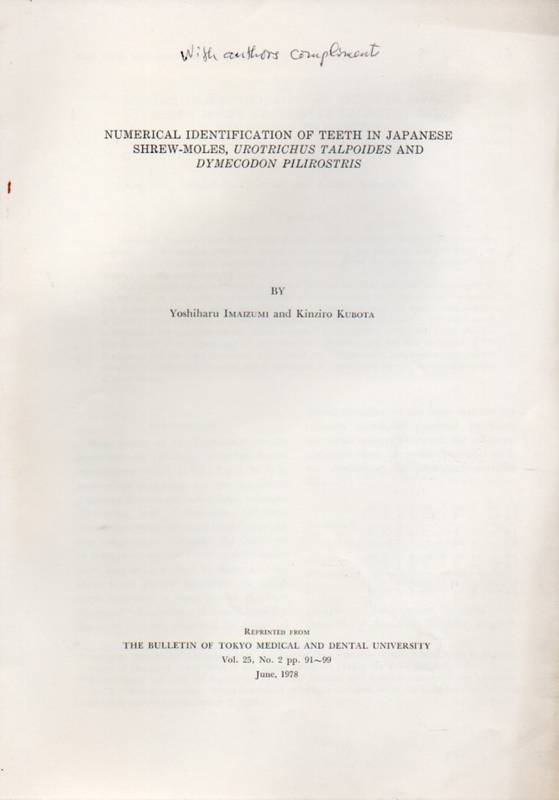 Imaizumi,Yoshiharu and Kinziro Kubota  Numerical Identification of Teeth in Japanese Shrew-Moles, Urotrichus 