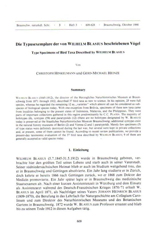 Hinkelmann,Christoph und Gerd-Michael Heinze  Die Typusexemplare der von Wilhelm Blasius beschriebenen Vögel 