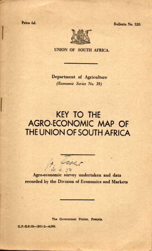 Union of South Africa  Key to the Agro-Economic Map of the Union of South Africa 