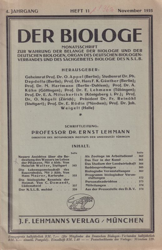 Der Biologe  Der Biologe 4.Jahrgang 1935 Heft 11 November 