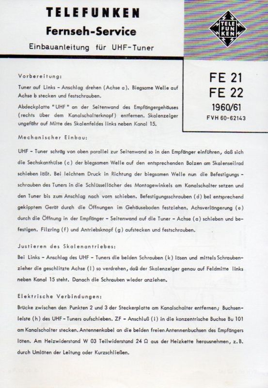 Telefunken  Fernseh Service Information 1960/61 für FE 21 und FE 22 