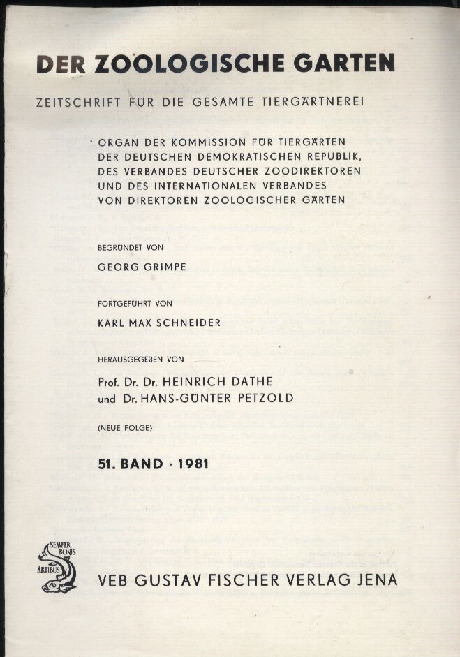 Der Zoologische Garten,  Zeitschrift für die gesamte Tiergärtnerei 51.Band(1981) nur Register, 