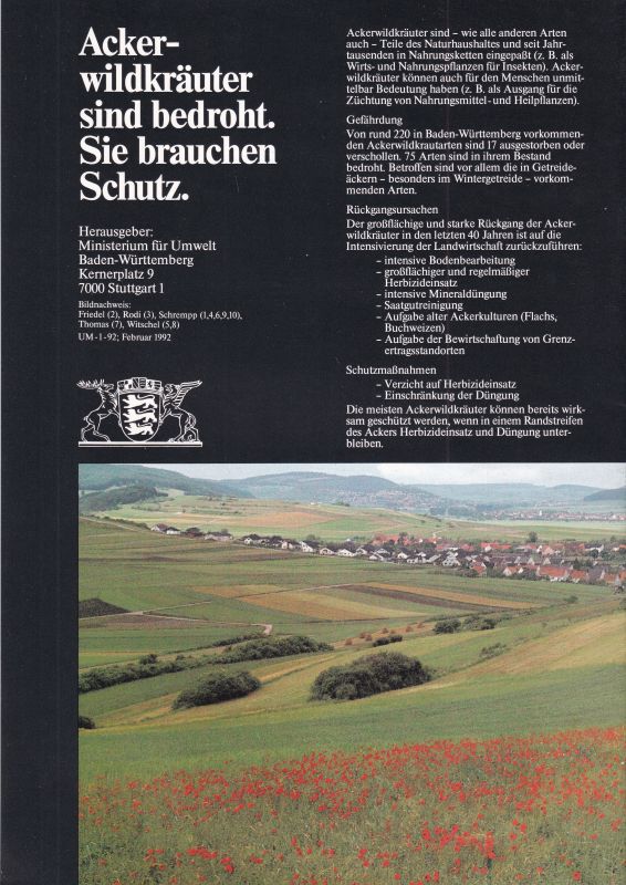 Ministerium für Umwelt Baden-Württemberg  6 farbige Poster bedrohter Pflanzen und Tiere 