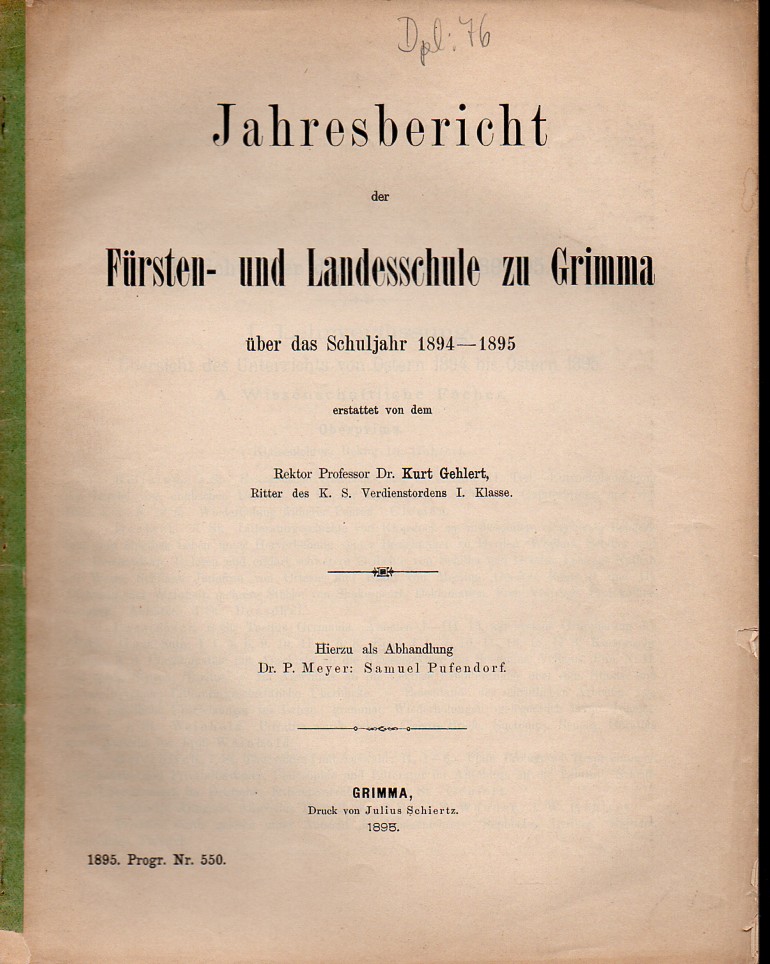 Gehlert,Kurt  Jahresbericht der Fürsten- und Landesschule zu Grimma über das 