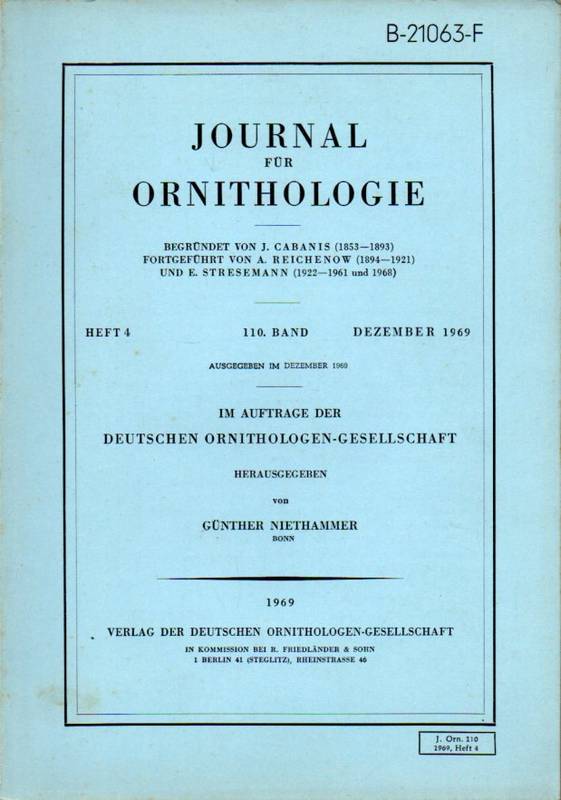 Journal für Ornithologie  Journal für Ornithologie 110.Band 1969 Heft 4 (1 Heft) 