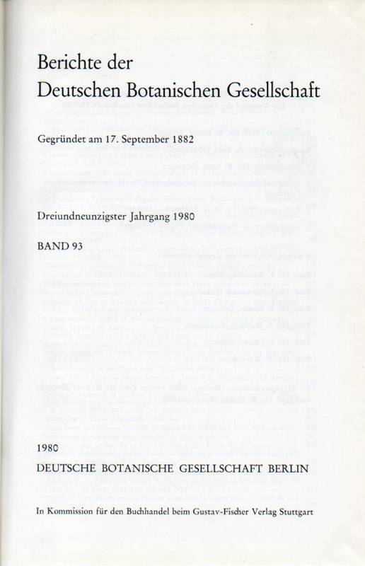Deutsche Botanische Gesellschaft  Berichte der Deutschen Botanischen Gesellschaft 93.Jahrgang 1980 