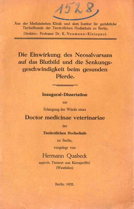 Quabeck,Hermann  Die Einwirkung des Neosavarsans auf das Blutbild und die Senkungsgesch 