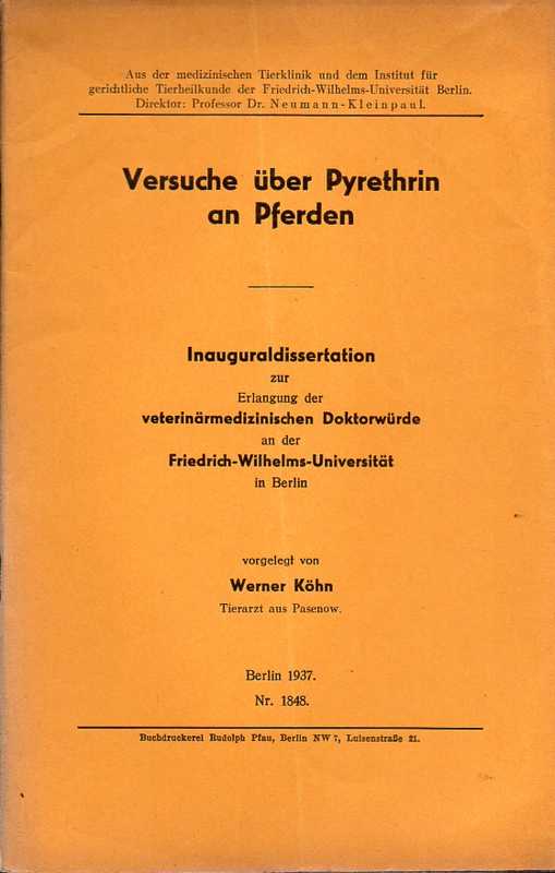 Köhn,Werner  Versuche über Pyrethrin an Pferden 