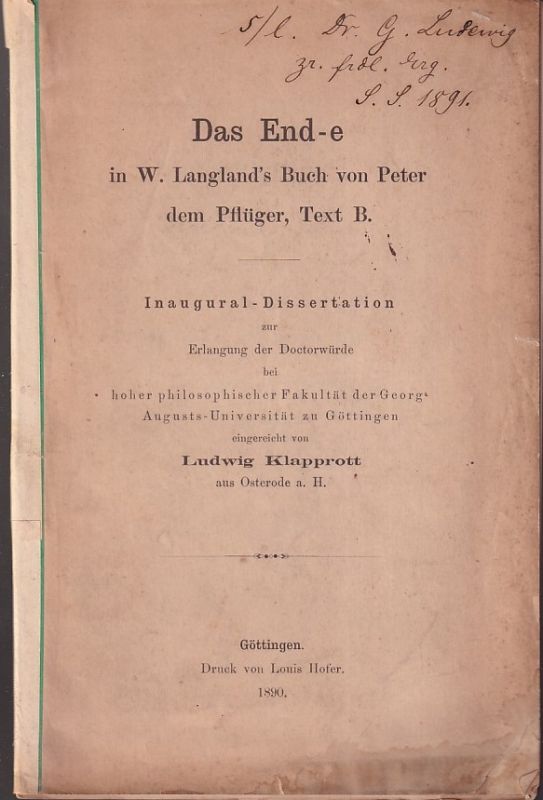 Klapprott,Ludwig  Das End-e in W.Langland's Buch von Peter dem Pflüger Text B 