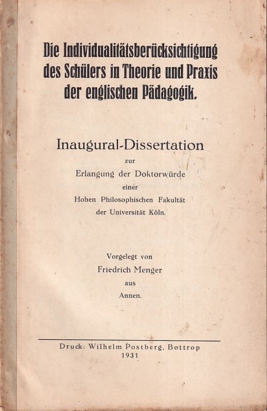 Menger,Friedrich  Die Individualitätsberücksichtigung des Schülers in Theorie und Praxis 