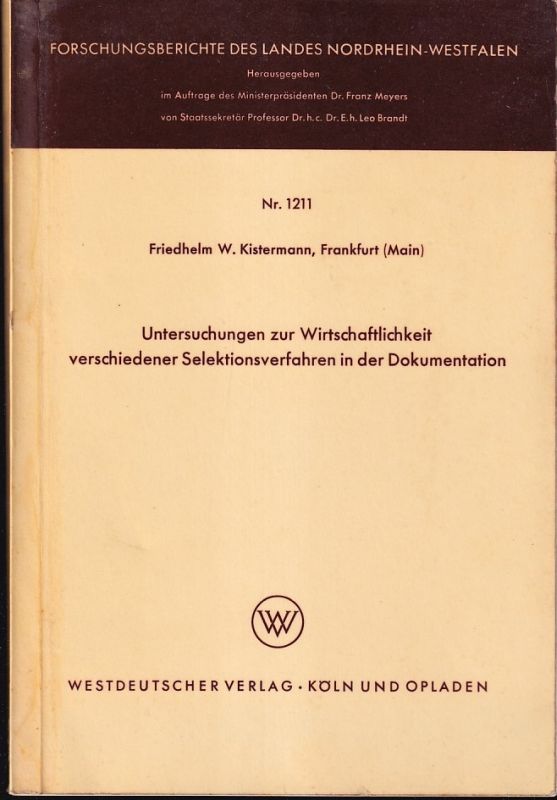 Kistermann,Friedhelm W.  Untersuchungen zur Wirtschaftlichkeit 