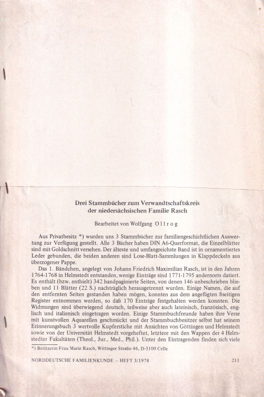Rasch,Niedersächische Familie  Drei Stammbücher der Familie,bearb.v.Wolfg.Ollrog.(aus Nordd.Famil-Kun 