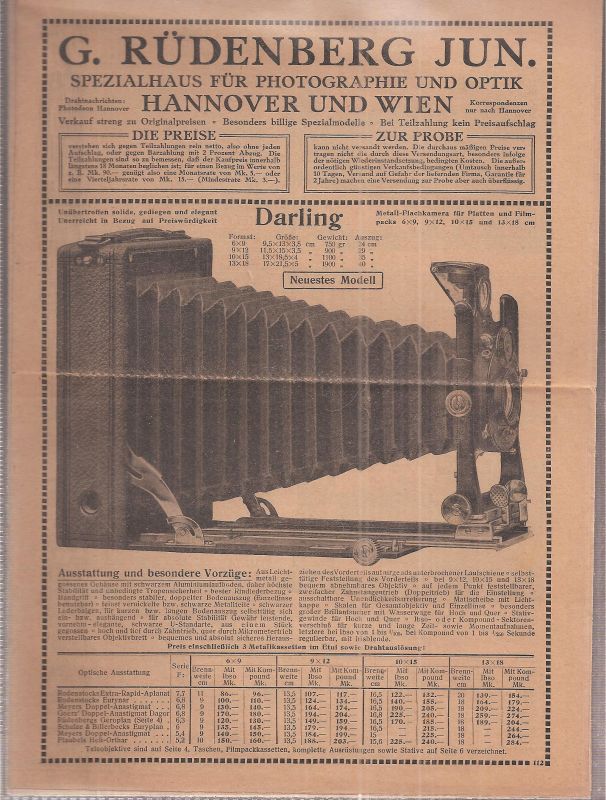 Rüdenberg jun.G.  Prospekt über Photoapparate von ca. 1910 von dem Photohaus Rüdenberg 