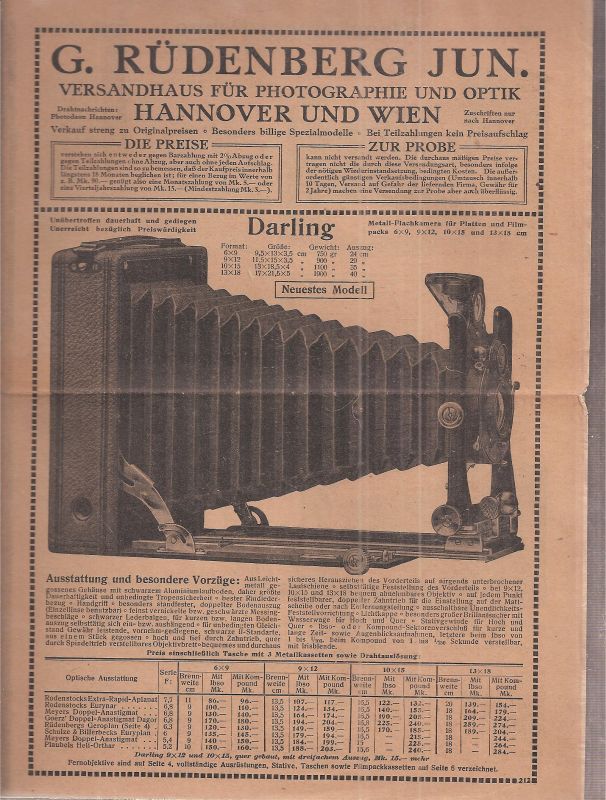 Rüdenberg jun.G.  Prospekt über Photoapparate von 1912 von dem Photohaus Rüdenberg 