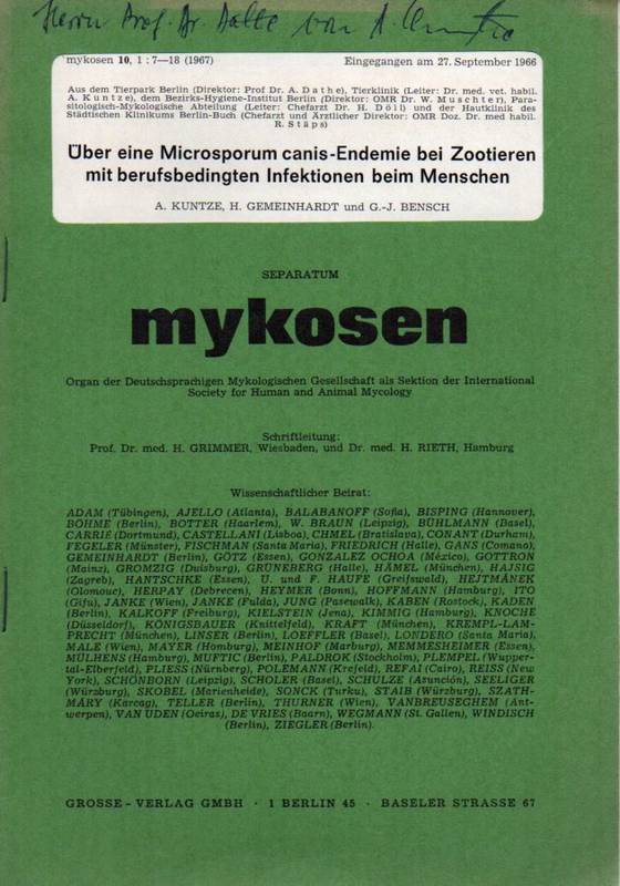 Kuntze,A. und H.Gemeinhardt und G.-J.Bensch  Über eine Microsproum canis-Endemie bei Zootieren mit berufsbedingten 