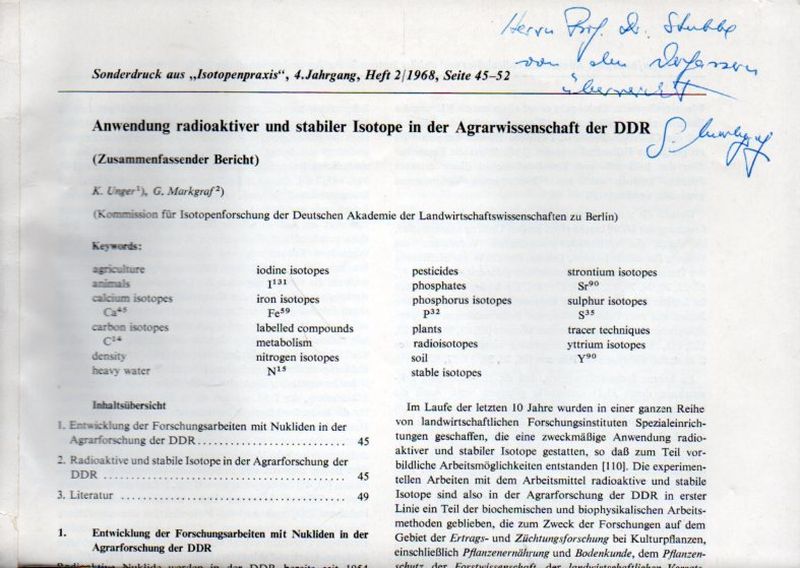 Unger,K. und G.Markgraf  Anwendung radioaktiver und stabiler Isotope in der Agrarwissenschaft 