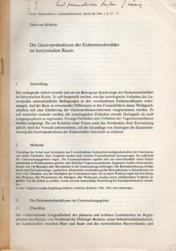 Körnig,Gerhard  Die Gastropodenfauna der Eichenmischwälder im herzynischen Raum 