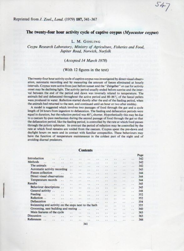 Gosling,L.M.  The twenty-four hour activity cycle of captive coypus (Myocastor 