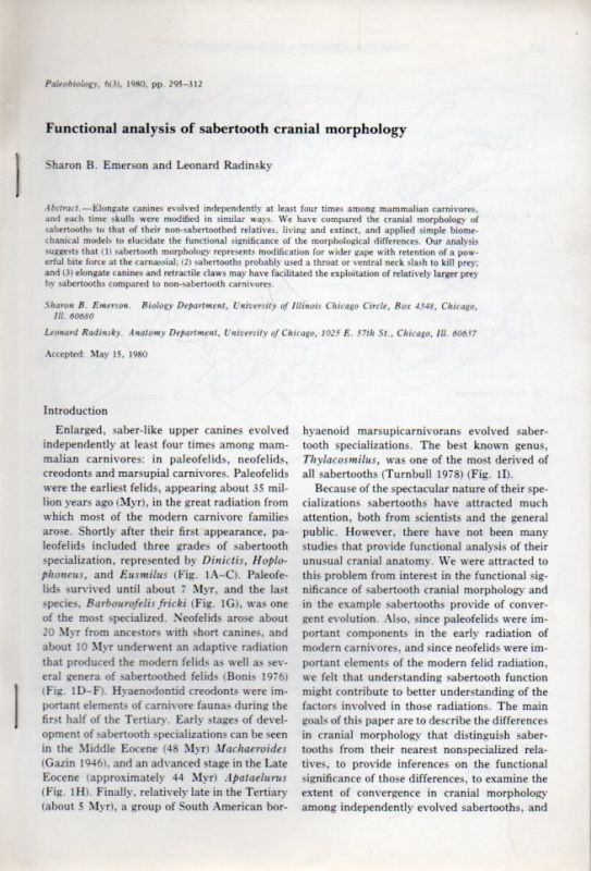 Emerson,Sharon B. and Leonard Radinsky  Functional analysis of sabertooth cranial morphology 
