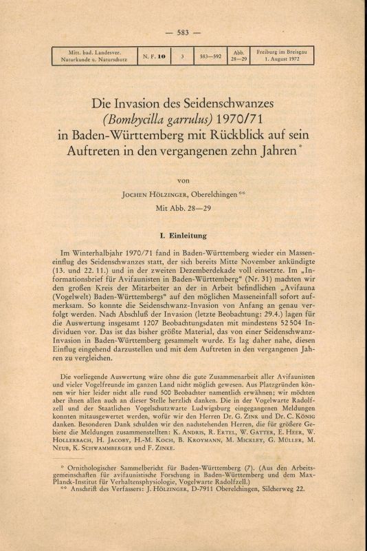 Hölzinger,Jochen  Die Invasion des Seidenschwanzes (Blombycilla garrulus) 1970/71 