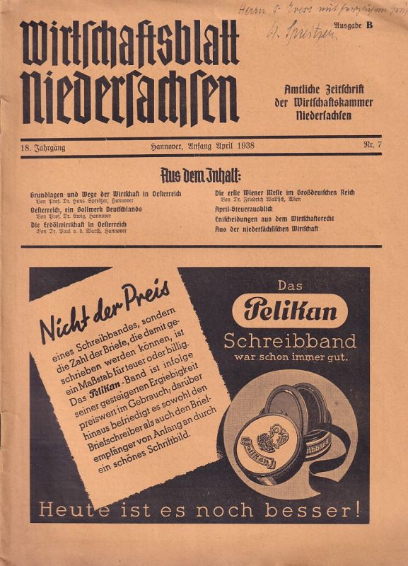 Wirtschaftskammer Niedersachsen  Wirtschaftsblatt Niedersachen 18.Jahrgang 1938, Heft 7 