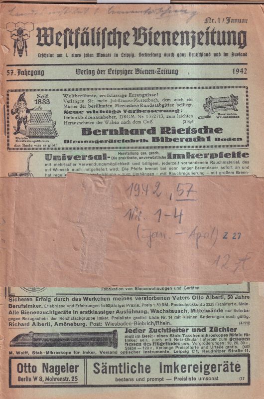 Westfälische Bienenzeitung  Westfälische Bienenzeitung 57.Jahrgang 1942 Heft 1 bis 4 (4 Hefte) 