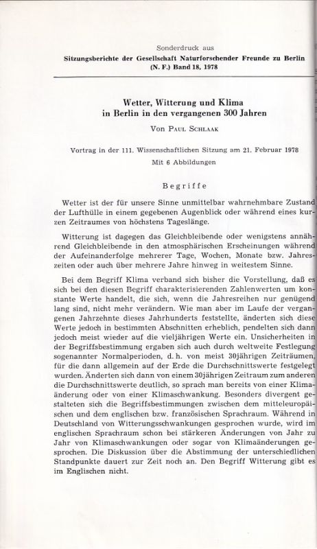 Schlaak,Paul  Wetter, Witterung und Klima in Berlin in den vergangenen 300 Jahren 