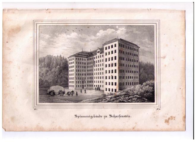 Lithographie aus "Saxonia",    Spinnereigebäude zu Scharfenstein  