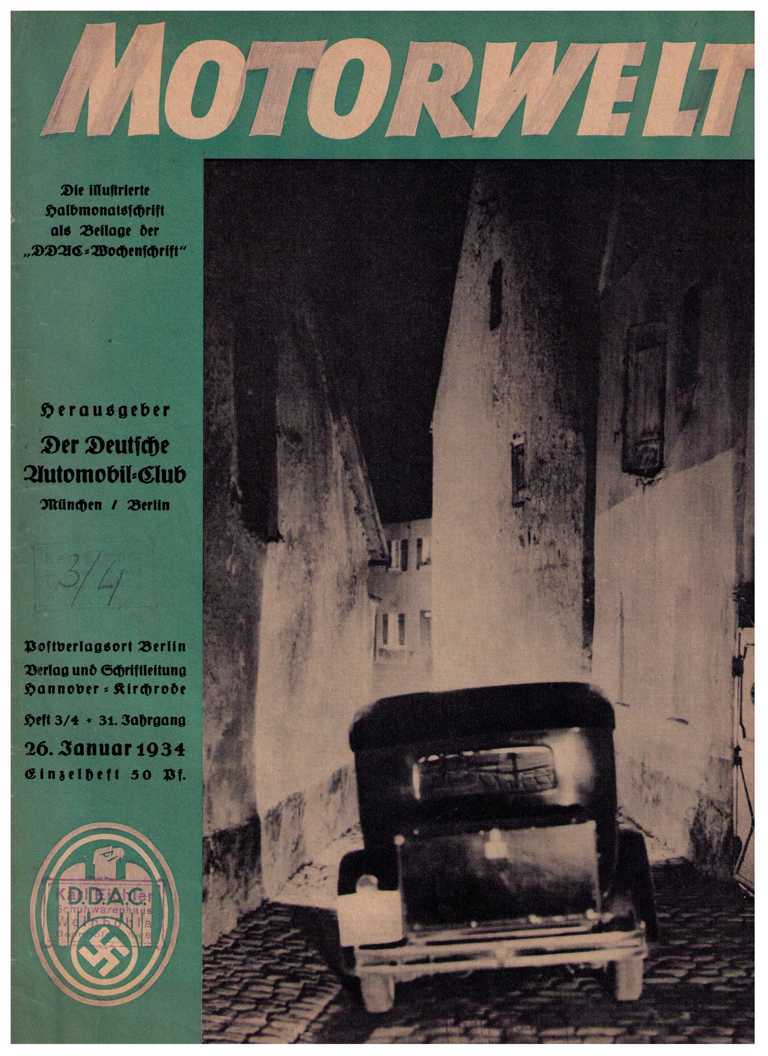 Hrsg. Der Deutsche Automobil - Club (DDAC)    Motorwelt   - Doppel -  Heft 3/4 vom 26. Januar   1934   