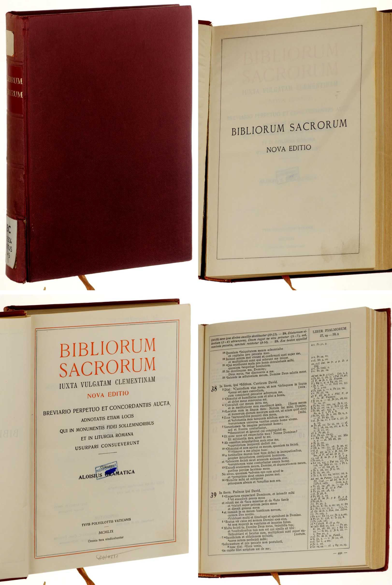 Bibliorum Sacrorum  iuxta Vulgatam Clementinam. Nova editio. ... Curavit. Aloisius Gramatica. 