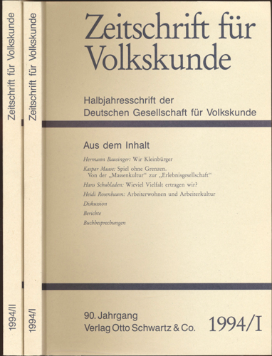 Deutsche Gesellschaft für Volkskunde (Hrg.)  Zeitschrift für Volkskunde. Halbjahresschrift. Jahrgang 1994 in 2 Halbbänden (90. Jahrgang). 