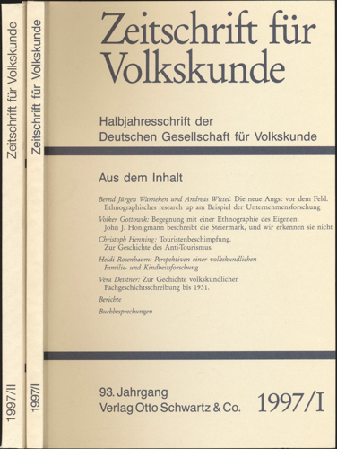 Deutsche Gesellschaft für Volkskunde (Hrg.)  Zeitschrift für Volkskunde. Halbjahresschrift. Jahrgang 1997 in 2 Halbbänden (93. Jahrgang). 