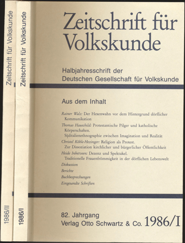 Deutsche Gesellschaft für Volkskunde (Hrg.)  Zeitschrift für Volkskunde. Halbjahresschrift. Jahrgang 1986 in 2 Halbbänden (82. Jahrgang). 
