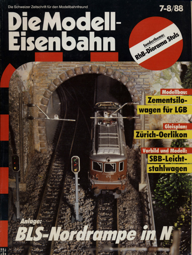   Die Modell-Eisenbahn. Schweizer Zeitschrift für den Modellbahnfreund Heft 7-8/88 (Juli, August 1988): Anlage: BLS-Nordrampe in N. Modellbau: Zementsilowagen für LGB. Gleisplan: Zürich Oerlikon. Vorbild+Modell: SBB-Leichtstahlwagen. 