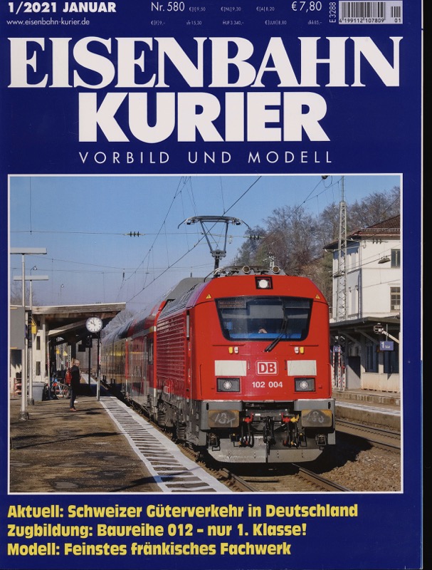   Eisenbahn-Kurier. Modell und Vorbild. hier: Heft Nr. 580 (Januar 2021): Aktuell: Schweizer Güterverkehr in Deutschland. Zugbildung: Baureihe 012-nur 1. Klasse. Modell: Feinstes fränkisches Fachwerk. 