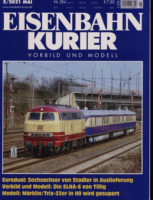   Eisenbahn-Kurier. Modell und Vorbild. hier: Heft Nr. 584 (Mai 2021): Eurodual: Sechsachser von Stadler in Auslieferung. Vorbild und Modell: Die ELNA-6 von Tillig. Modell: Märklin/Trix-23er in H0 wird gesupert. 