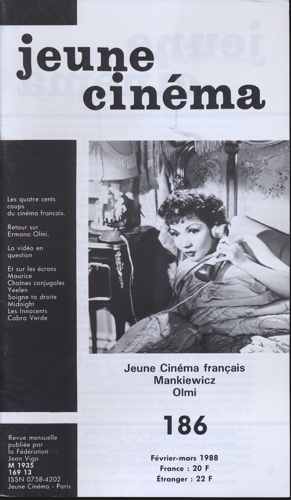   jeune cinéma no. 186 (Février-Mars 1988): Jeune cinéma francais, Mankiewicz, Olmi. 