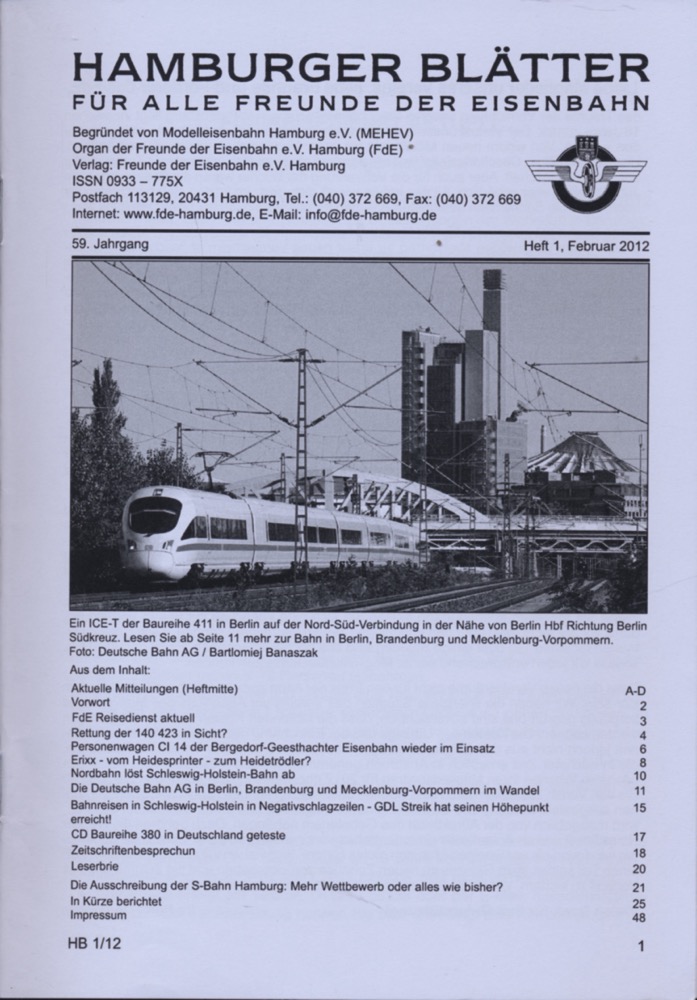 Freunde der Eisenbahn e.V. Hamburg  Hamburger Blätter für alle Freunde der Eisenbahn, 59. Jahrgang 2012: 8 Hefte (=kompl. Jahrgang). 