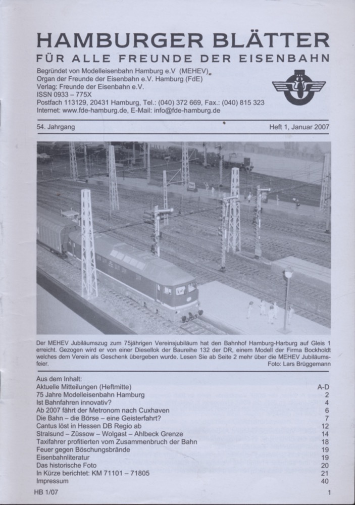 Freunde der Eisenbahn e.V. Hamburg  Hamburger Blätter für alle Freunde der Eisenbahn, 54. Jahrgang 2007: 8 Hefte (=kompl. Jahrgang). 