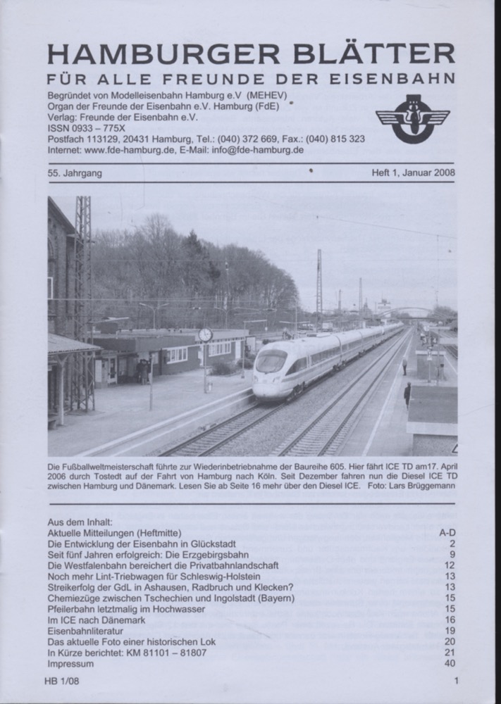 Freunde der Eisenbahn e.V. Hamburg  Hamburger Blätter für alle Freunde der Eisenbahn, 55. Jahrgang 2008: 8 Hefte (=kompl. Jahrgang). 