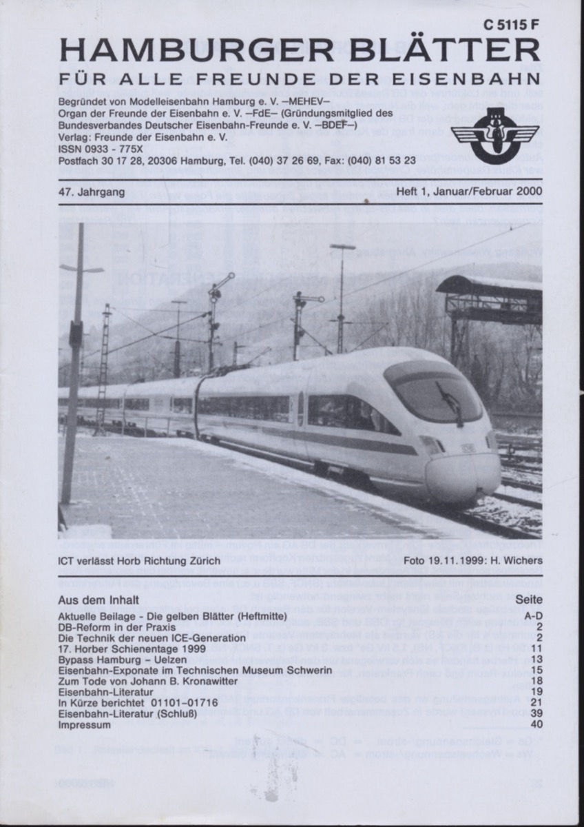 Freunde der Eisenbahn e.V. Hamburg  Hamburger Blätter für alle Freunde der Eisenbahn, 47. Jahrgang 2000: 8 Hefte (=kompl. Jahrgang). 