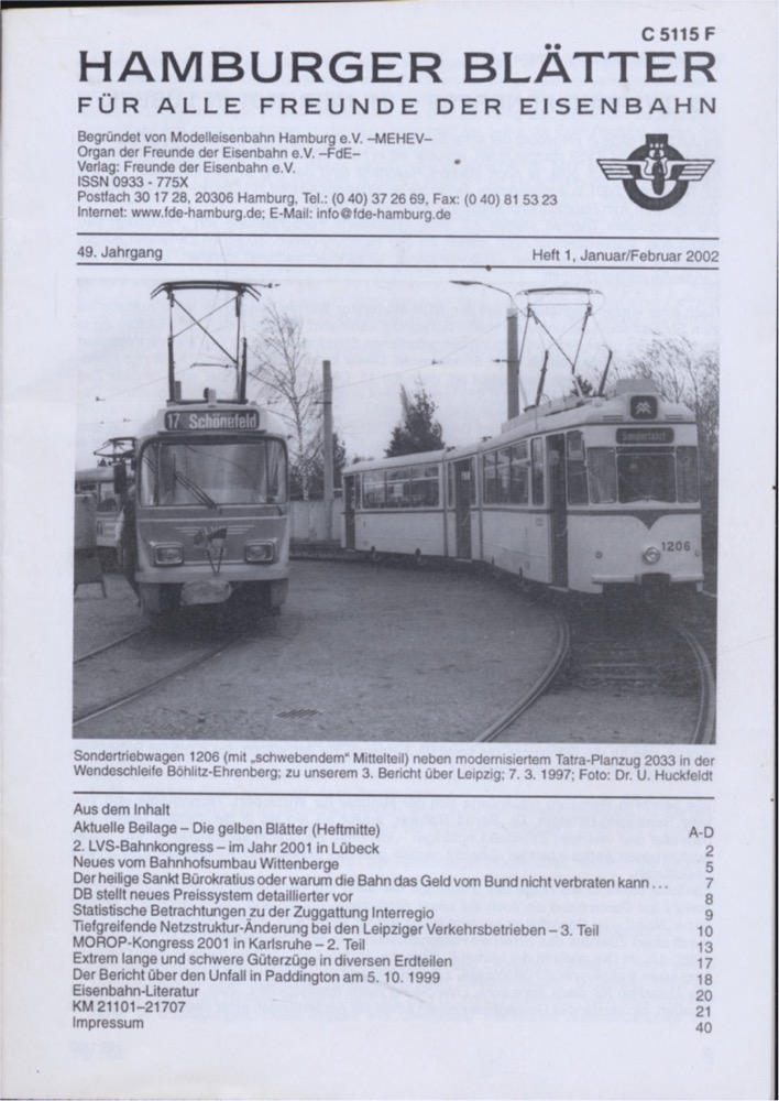 Freunde der Eisenbahn e.V. Hamburg  Hamburger Blätter für alle Freunde der Eisenbahn, 49. Jahrgang 2002: 8 Hefte (=kompl. Jahrgang). 