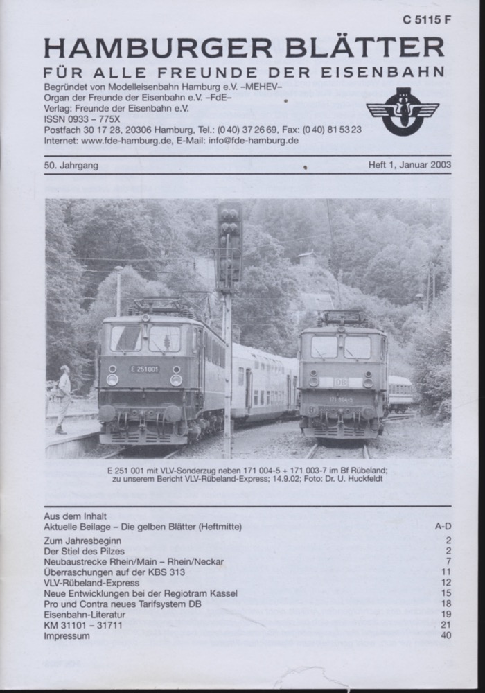 Freunde der Eisenbahn e.V. Hamburg  Hamburger Blätter für alle Freunde der Eisenbahn, 50. Jahrgang 2003: 8 Hefte (=kompl. Jahrgang). 