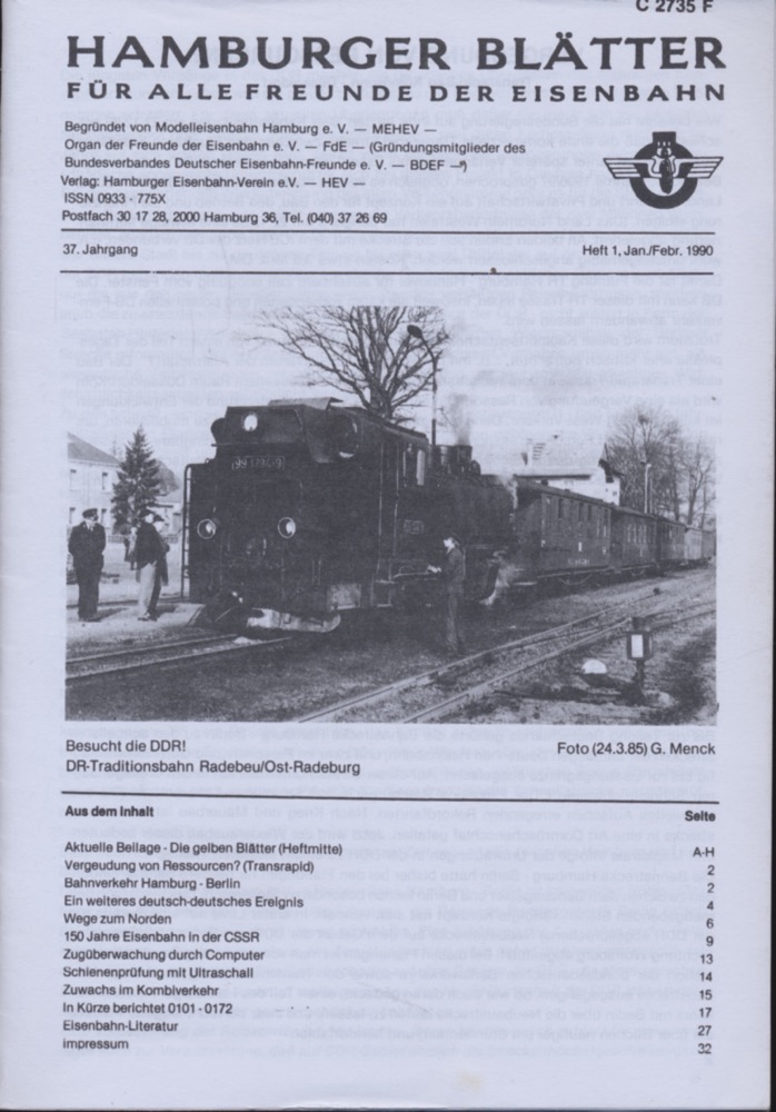 Freunde der Eisenbahn e.V. Hamburg  Hamburger Blätter für alle Freunde der Eisenbahn, 37. Jahrgang 1990: 8 Hefte (=kompl. Jahrgang). 